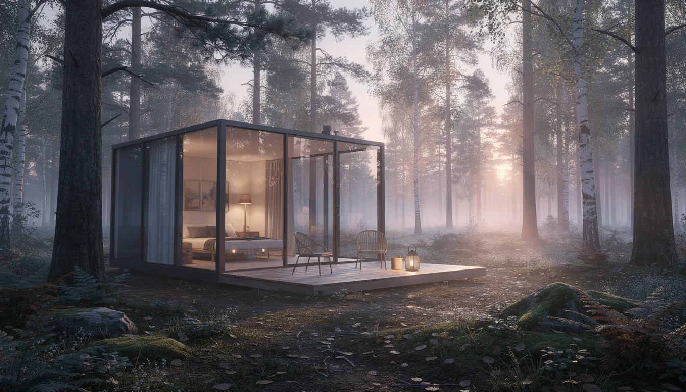 Nowoczesny szklany domek typu glamping położony w lesie o świcie, otoczony zielenią, oferujący komfortowy wypoczynek w spokojnej okolicy. Idealne miejsce na rodzinne wakacje, z widokiem na piękne otoczenie natury.