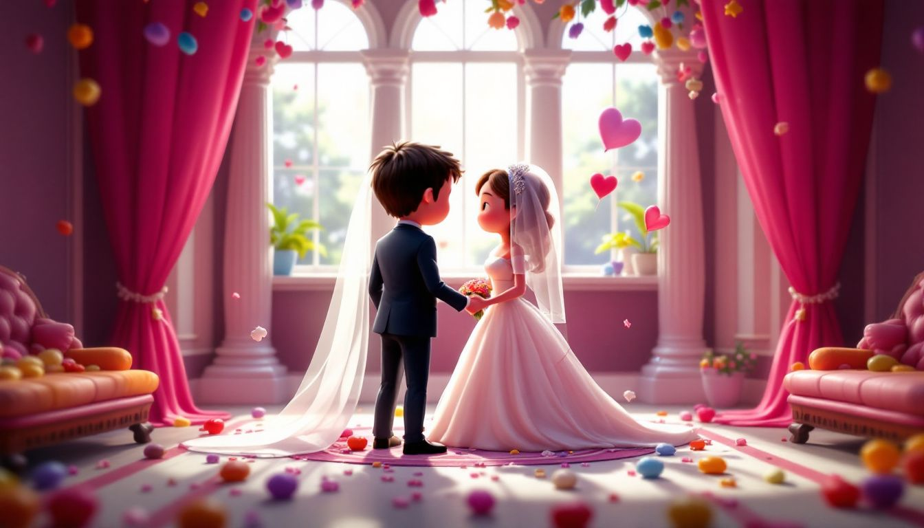 Kosz ślubny z różnorodnymi słodyczami i eleganckim wykończeniem.