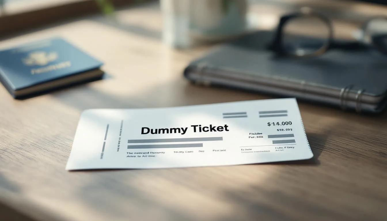 A photorealistic dummy flight ticket is displayed on a wooden desk, with the words "Dummy Ticket" clearly labeled above it. The scene is illuminated by soft natural daylight, and a closed passport is slightly out of focus in the background, enhancing the modern and minimalistic style.