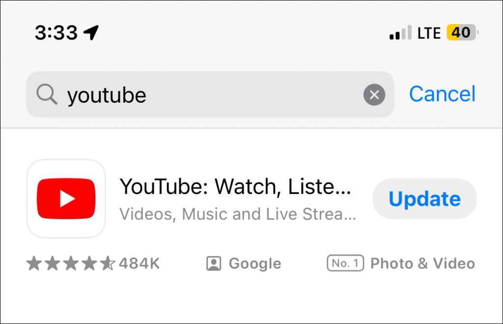 YouTube app update in the Apple App Store
