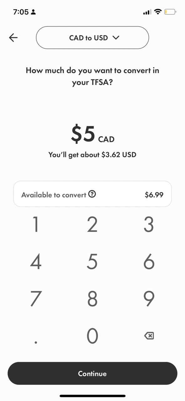 $5 CAD to USD conversion on Wealthsimple Trade App