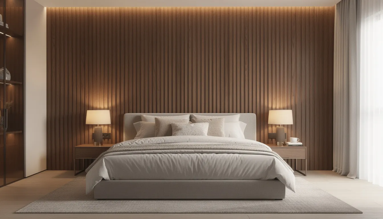 Een luxe slaapkamer met een houten paneelwand achter een groot bed, bedekt met zacht beddengoed. De houten wandpanelen creëren een rustgevende sfeer en dragen bij aan de moderne uitstraling van de kamer.