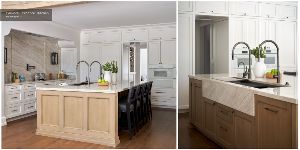 a modern kitchen with wooden island, stone countertops, and custom millwork