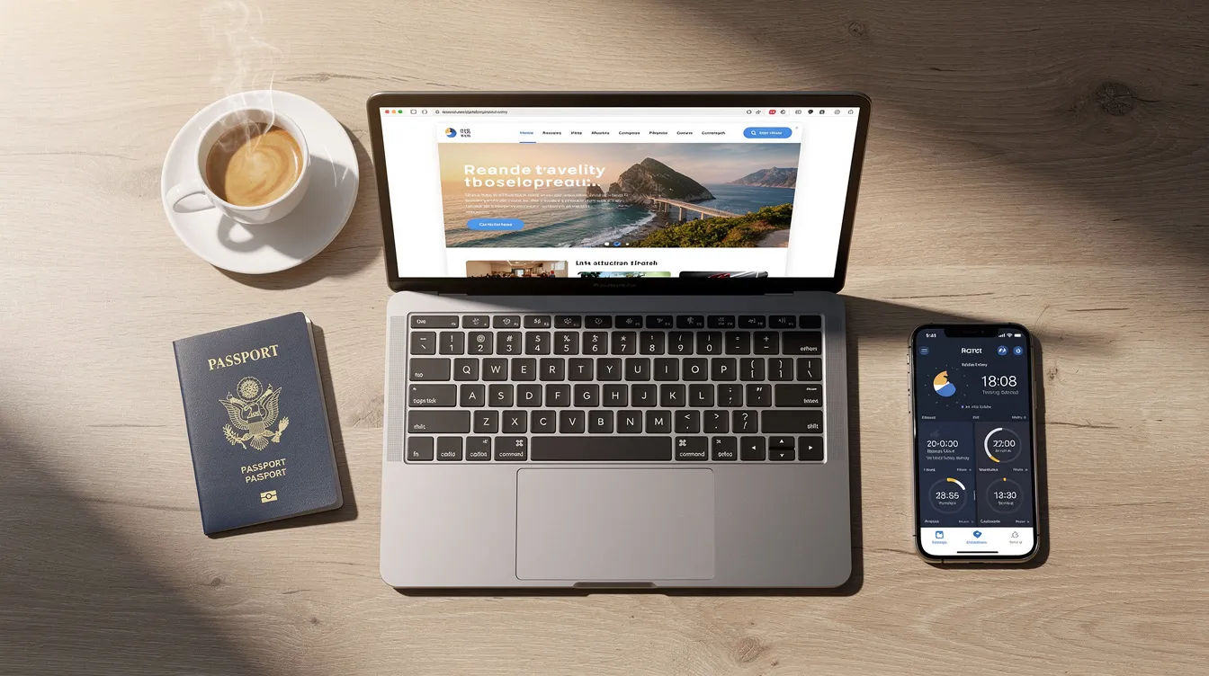 The image depicts a desk featuring a laptop, a passport, a coffee cup, and a smartphone displaying a world clock app, indicating the time difference between multiple time zones, including Australian Central Standard Time and London time. This setup suggests a busy traveler or someone planning a meeting across countries, possibly involving friends or family in Sydney or Canberra while considering British Summer Time.
