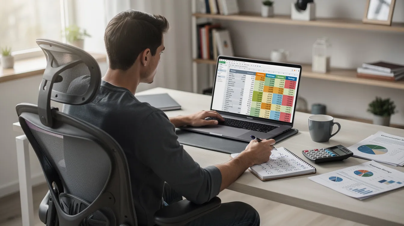 A person is seated at a desk, focused on a laptop screen displaying financial statements and a budgeting spreadsheet, likely reviewing their payment history and planning for upcoming monthly payments. This scene highlights the importance of managing finances, possibly using financial technology company services such as buy now pay later options or flexible payment plans.
