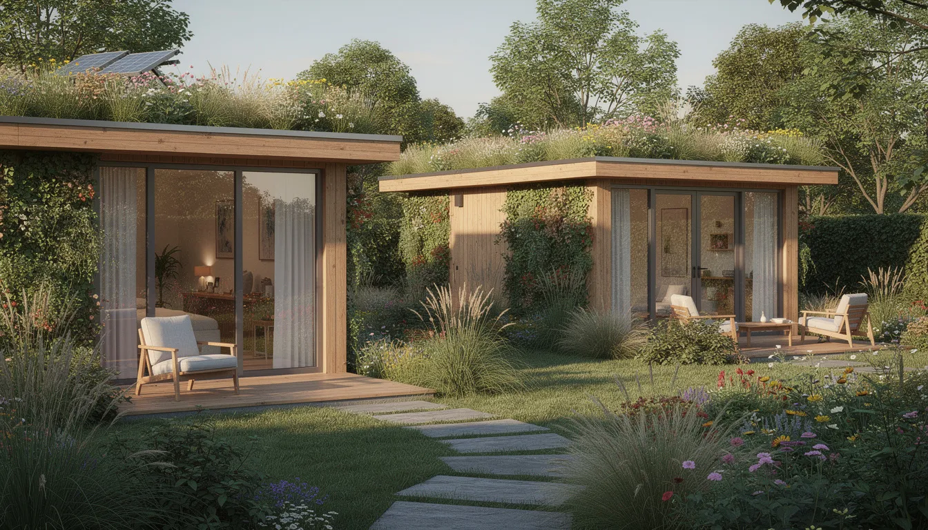 The image showcases a contemporary garden room made from high-quality timber, featuring large double-glazed windows that allow natural light to flood the interior. This insulated garden space is designed for year-round use, providing a perfect retreat or office space in the garden.