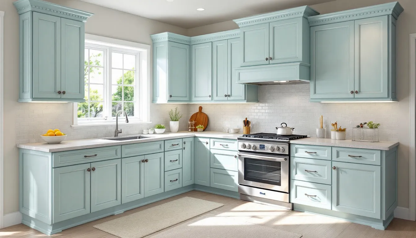 The image showcases a beautifully designed kitchen featuring cabinets painted in Sherwin Williams Sea Salt, which brings a calming coastal vibe with its green-gray undertones. Natural light floods the space, highlighting the white trim and natural wood tones, creating a fresh and inviting atmosphere.