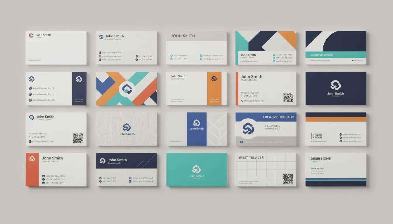 The image showcases a variety of business card templates featuring different design styles and information layouts, allowing users to customize their own business cards. Each template displays unique graphics, colors, and textures, providing options for creating a lasting impression for various events and services.