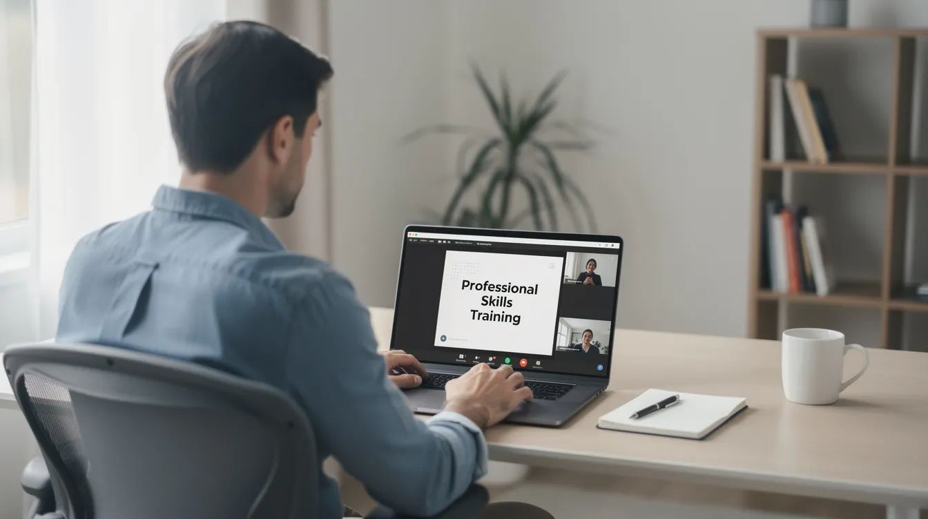 A person is seated at a desk, engaged in a virtual professional training session on a laptop, focusing on topics related to clinical supervision and mental health. The training likely covers requirements for becoming an approved clinical supervisor, including essential skills and hours of clinical experience needed for certification.
