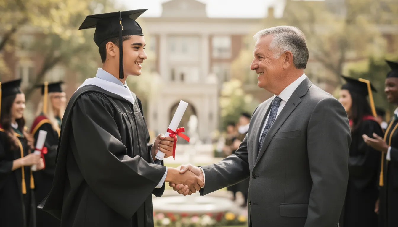 A graduate in a cap and gown is shaking hands with a professional mentor, symbolizing the connection between education and career opportunities. This moment highlights the importance of mentorship in helping job seekers develop their skills and navigate their paths in the industry.