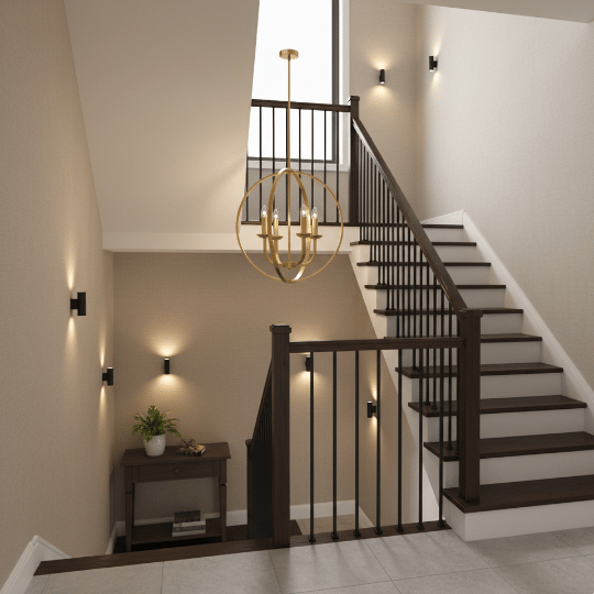 A gold orb-style chandelier hangs above a compact staircase landing, adding warmth and elegance to the small space. The surrounding wall sconces enhance the soft lighting, creating a balanced and inviting example of small staircase lighting ideas.