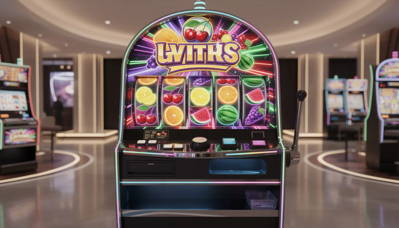 Een kleurrijke gokautomaat staat centraal in een moderne setting, versierd met fruitige symbolen zoals kersen en citroenen, terwijl felle lichteffecten de aandacht trekken. Deze gokautomaat kan worden gevonden in een betrouwbaar casino zonder cruks, waar verantwoord gokken wordt aangemoedigd.