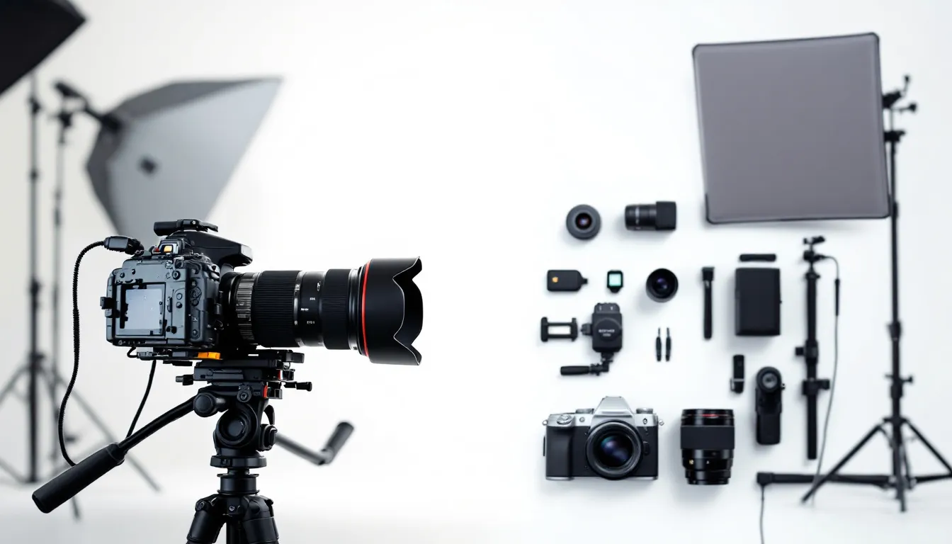 Uma comparação lado a lado de equipamentos fotográficos de diferentes faixas de preço, destacando a variedade de opções disponíveis para profissionais de fotografia imobiliária. A imagem ilustra como a escolha do equipamento pode impactar a qualidade das fotos e vídeos utilizados em anúncios de imóveis.