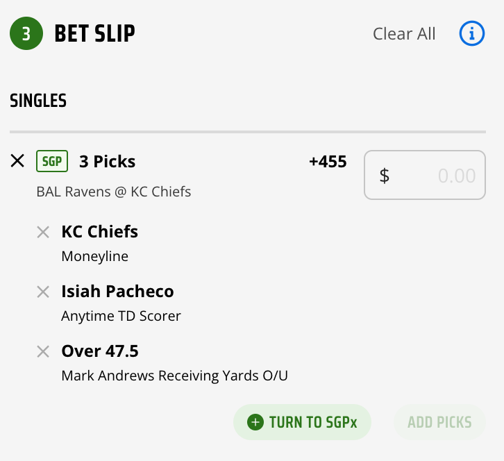 An example of an SGP bet on DraftKings Sportsbook.