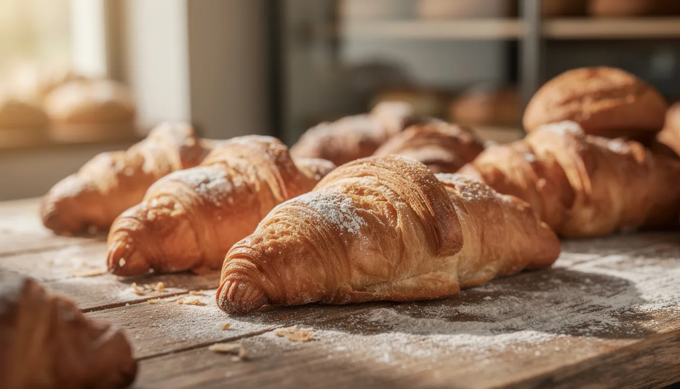 The image features a selection of fresh, golden croissants neatly arranged on a bakery counter, with a light dusting of flour visible on the surface, showcasing the incredible food that can be found in Paris. This delightful scene captures the essence of a charming neighborhood bakery, inviting visitors to indulge in a delicious treat during their trip to Paris.
