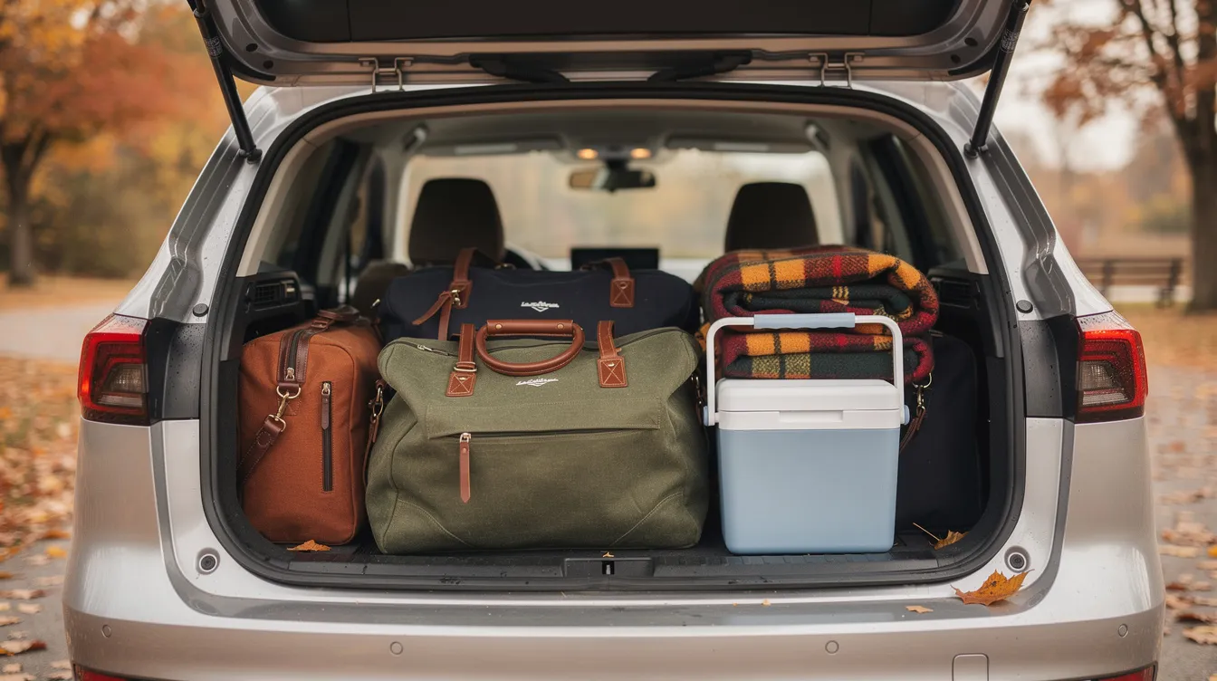 The image shows a neatly packed car trunk filled with soft duffel bags and a small cooler, demonstrating a smart packing strategy for a fall road trip. Essential items like a first aid kit and a reusable water bottle are easily accessible, ensuring preparedness for adventure ahead.