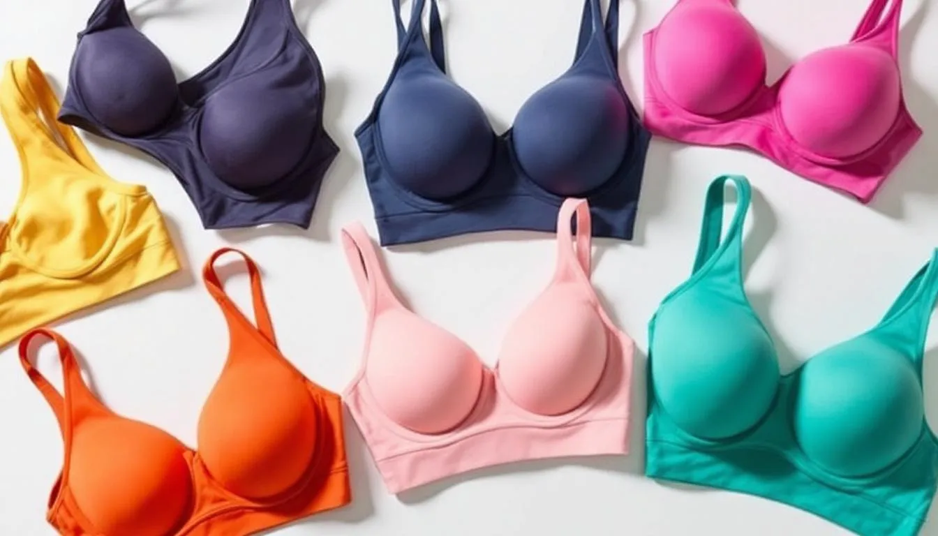 A variety of essential t-shirt bras for large breasts laid out on a table.