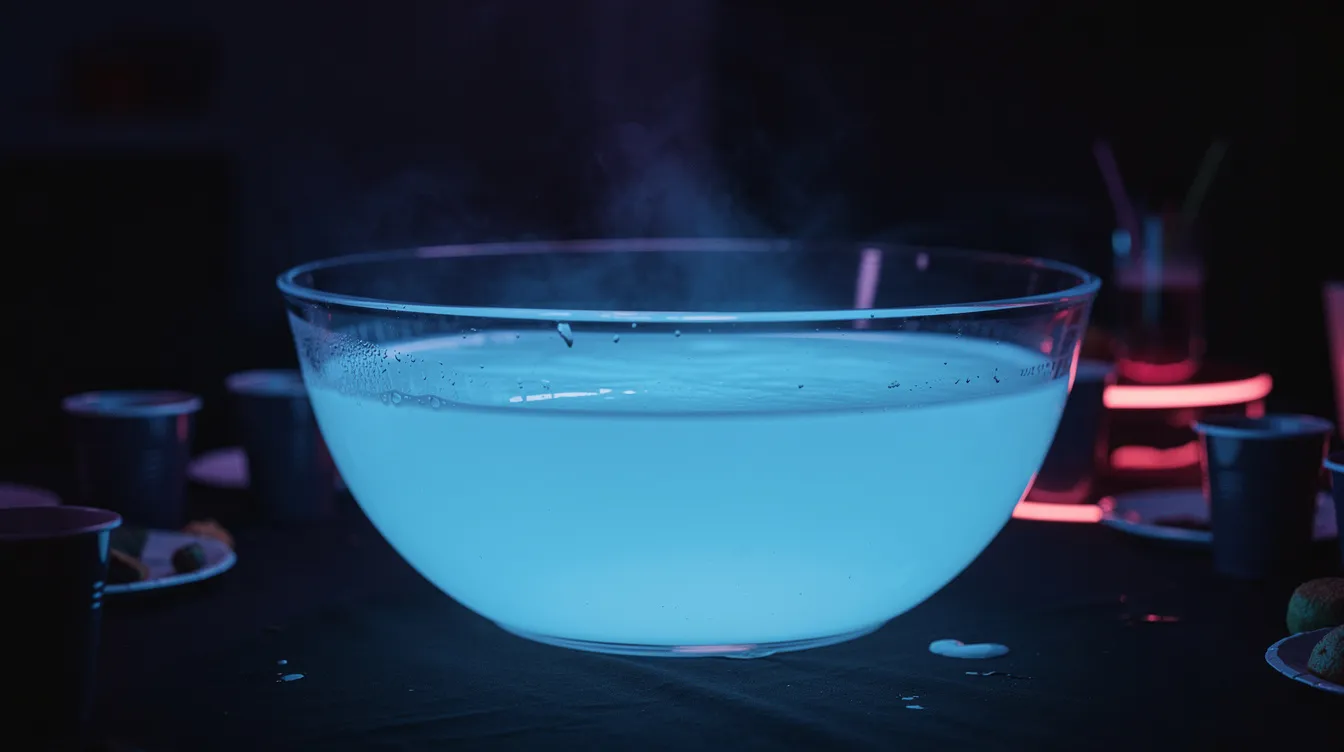 A vibrant bowl of glowing blue punch sits in a dark room illuminated by UV lights, creating a captivating scene perfect for a glow party. The punch, made from milk and tonic water, exudes a fun and festive atmosphere, ideal for birthday celebrations or any exciting evening event.