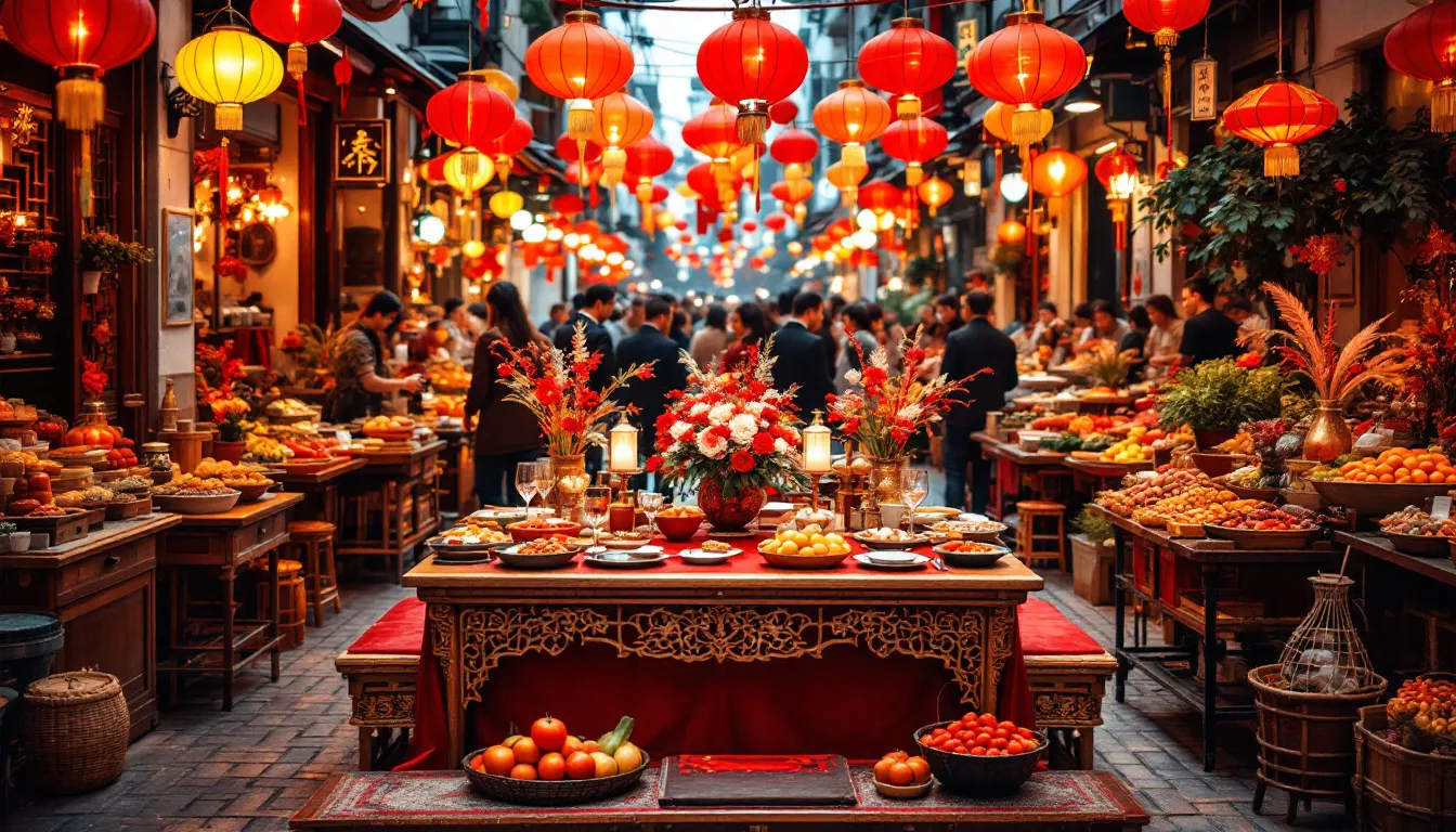 Ein festlich dekorierter Tisch für eine Hochzeit in einem China Restaurant.