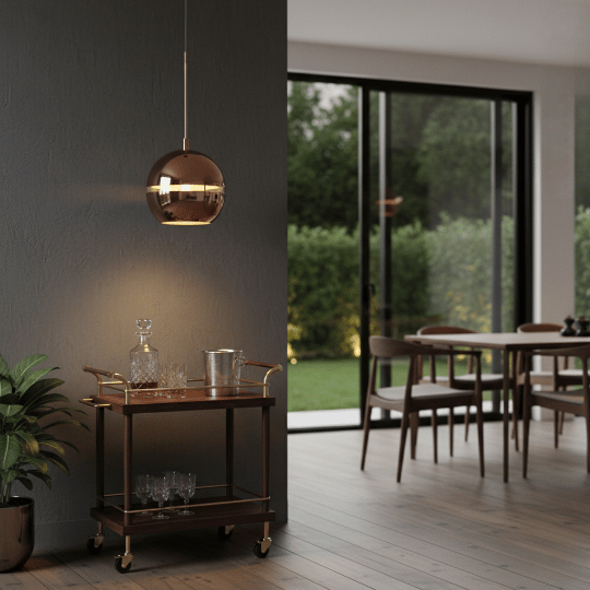 Smoked glass globe pendant hanging near the dining room, casting a warm pool of light .