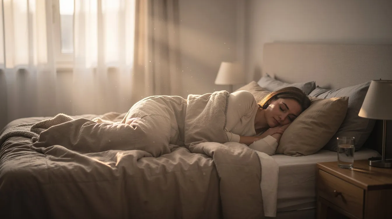 A person sleeps peacefully in a cozy bedroom bathed in soft morning light, embodying the essence of restful sleep that promotes cellular health and supports healthy aging. This serene scene highlights the importance of good sleep for energy production and overall vitality, enhancing mental clarity and well-being.