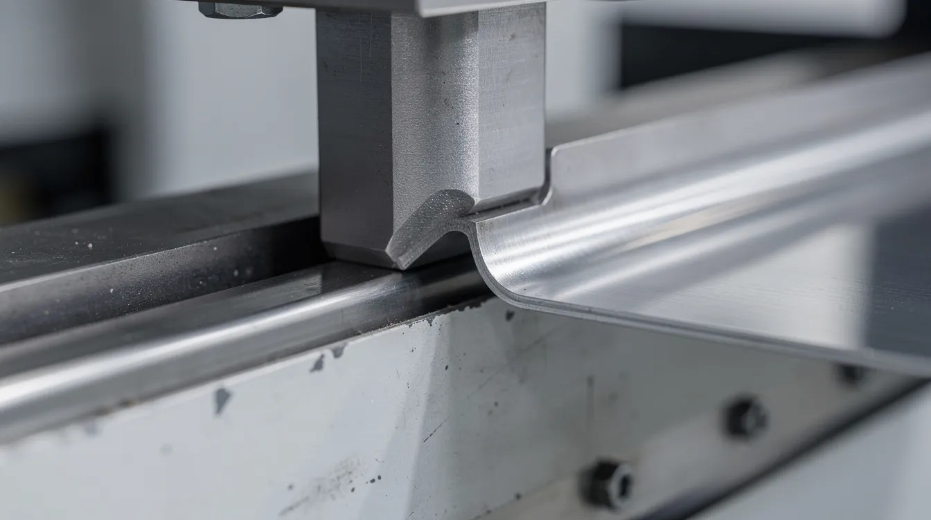 A close-up view shows a CNC press brake punch descending into a V-die, preparing to bend a polished steel sheet at a precise 90-degree angle. This metal bending process highlights the machinery's capability to achieve high precision in forming complex shapes from sheet metal.