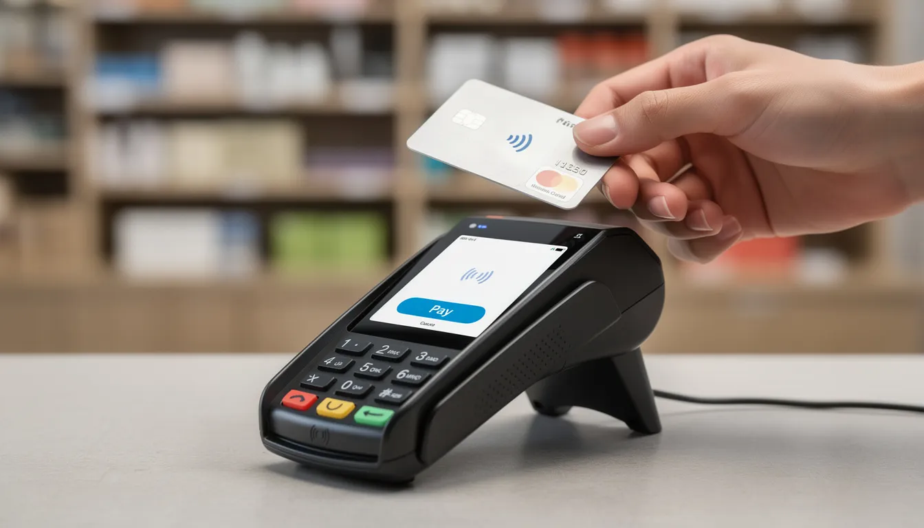 The image shows a modern card payment terminal being used at a point of sale in a retail shop, where a customer is processing a transaction with a debit or credit card. This technology enhances the customer experience for small businesses, allowing merchants to easily accept payments and manage their sales efficiently.