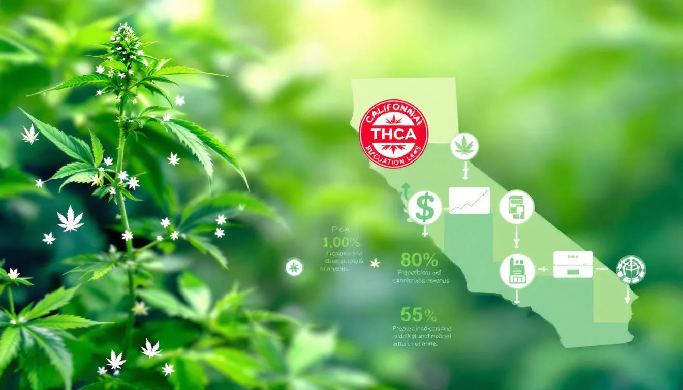 The economic impact of THCA on California's cannabis industry, featuring cannabis plants and economic charts.