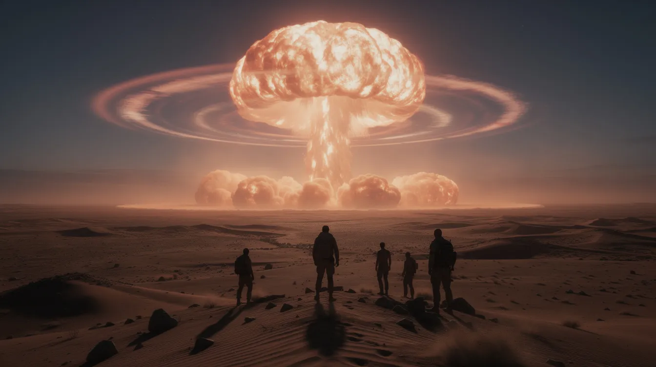 Eine gewaltige Explosionswolke erhebt sich über einer kargen Wüstenlandschaft, während im Vordergrund silhouettenhafte Menschen das beeindruckende und erschreckende Schauspiel beobachten. Diese Szene erinnert an den Trinity-Test aus dem Manhattan-Projekt, das in Christopher Nolans Film "Oppenheimer" thematisiert wird.