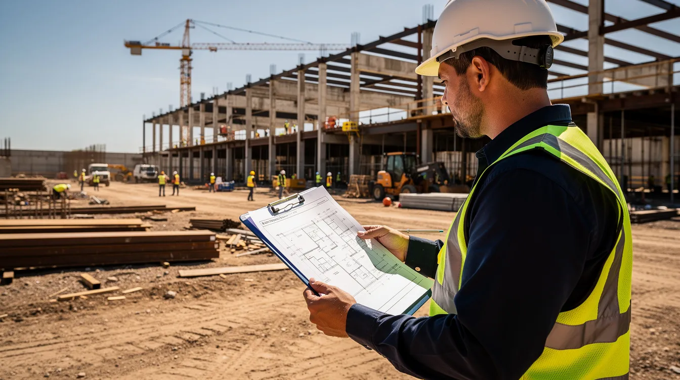 A construction supervisor stands at a large commercial job site, reviewing plans on a clipboard while skilled workers, including electricians and carpenters, engage in various tasks in the background. This bustling scene highlights the importance of effective project management and hands-on experience in the construction industry, contributing to successful project outcomes and job satisfaction.