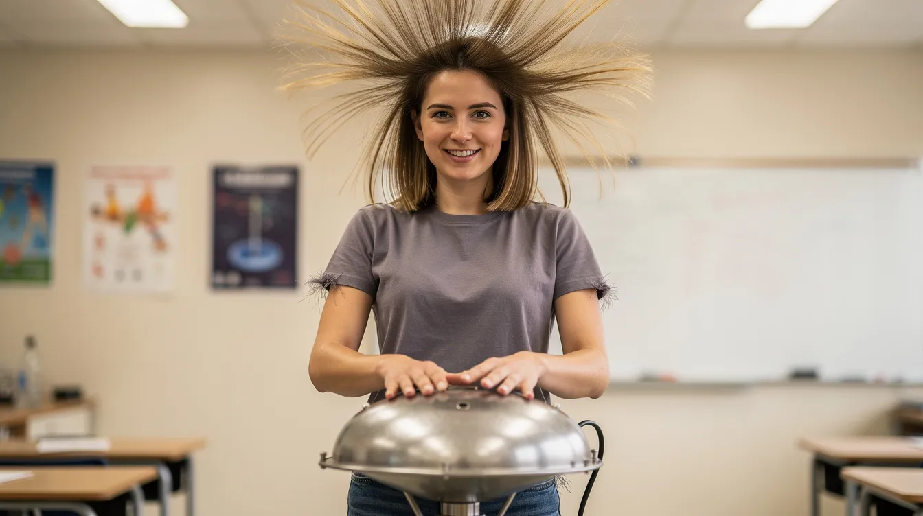 A person stands in a dry room and demonstrates static electricity, with their hair standing on end due to the charge. This demonstration illustrates the effects of static electricity in a dry environment.