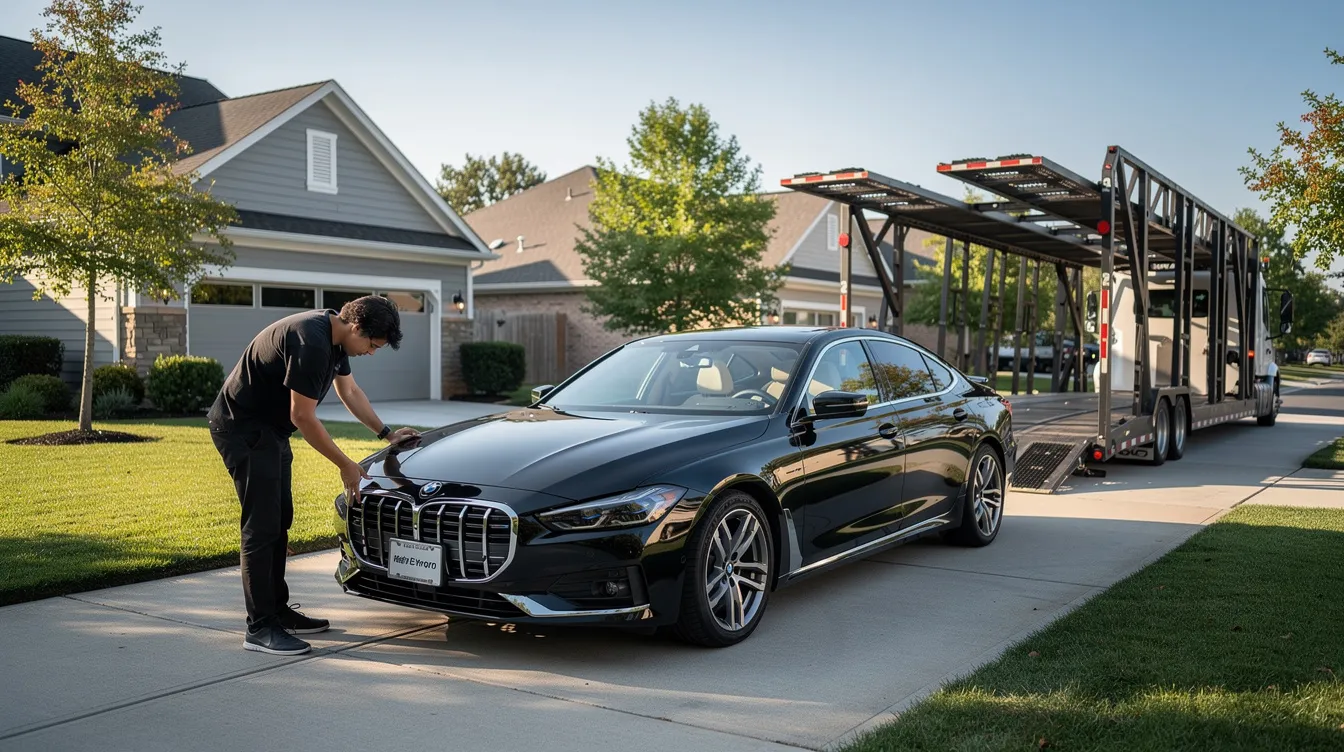 A person is inspecting a newly delivered car in a residential driveway, with a carrier truck in the background, illustrating the auto transport process. This scene highlights the convenience of door-to-door delivery services offered by car shipping companies, particularly in Michigan.
