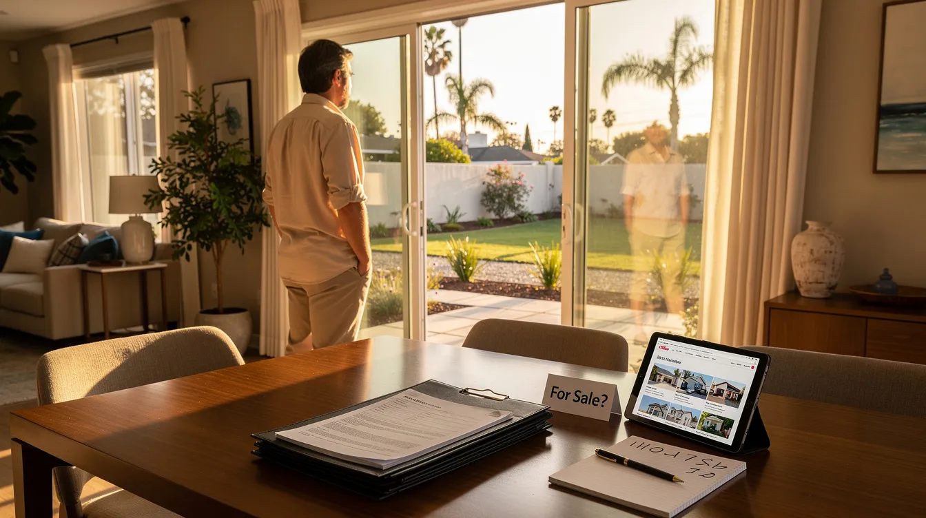 Un propietario del sur de California está considerando vender su casa tal como está, teniendo en cuenta la posibilidad de obtener un precio de venta menor debido a las importantes reparaciones necesarias. La imagen capta su expresión pensativa mientras sopesa las opciones, posiblemente pensando en atraer compradores que paguen en efectivo para una venta sin complicaciones.