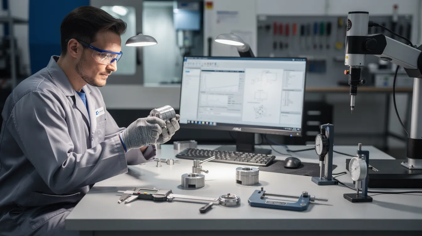 A quality control technician is inspecting a precision metal part at a workstation, utilizing various measurement instruments to assess the surface roughness and surface finish of the component. The technician focuses on evaluating roughness parameters such as the average roughness (Ra value) to ensure the product meets the desired surface texture specifications.