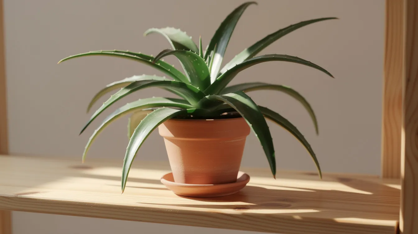 A healthy aloe vera plant sits in a terra cotta pot on a wooden shelf, basking in warm natural light. This elegant statement plant symbolizes growth and well-being, making it a perfect addition to any positive environment.