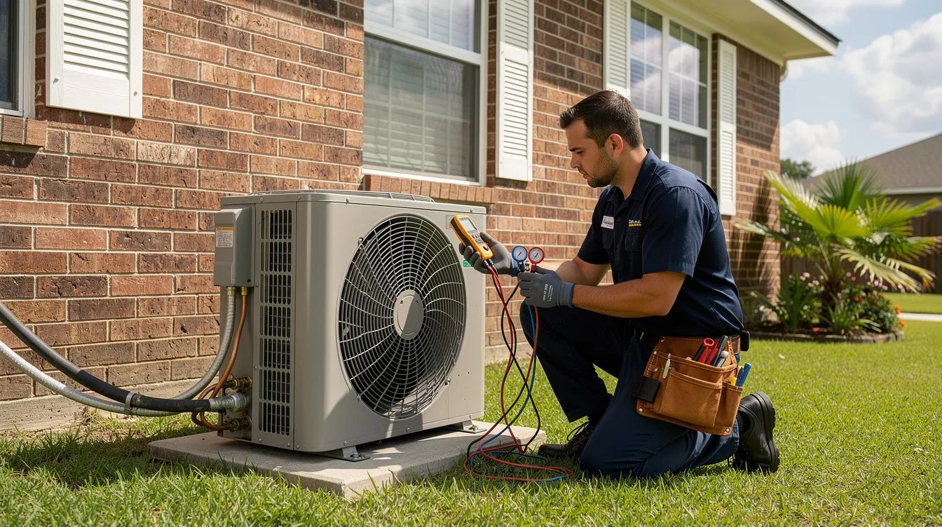 A technician is inspecting an outdoor air conditioning condenser unit next to a Houston home, checking components like the condenser coils and fan motor to ensure optimal performance of the cooling system. This maintenance helps prevent costly repairs and improves energy efficiency for homeowners.