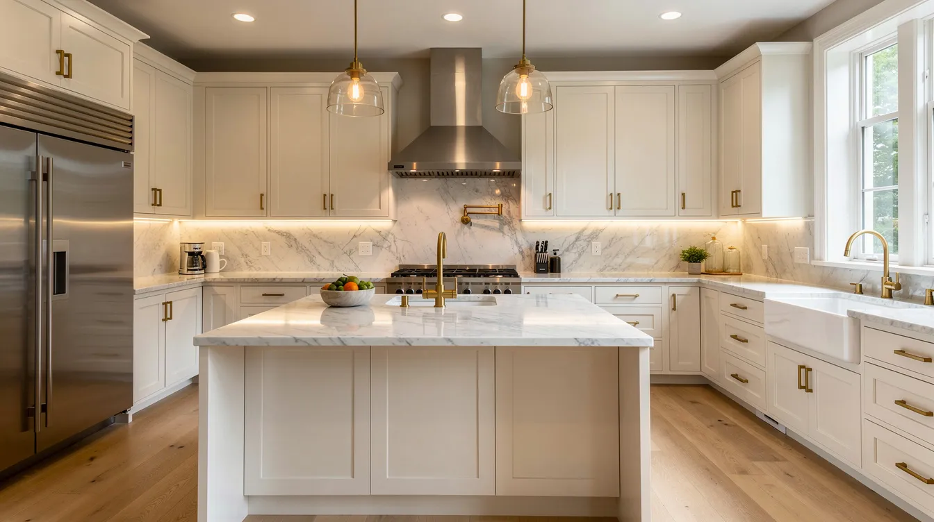 This image showcases a beautifully renovated transitional kitchen featuring elegant marble countertops, stylish brass hardware, and warm undercabinet lighting, creating an inviting atmosphere. The kitchen remodel emphasizes modern design elements and functional space, highlighting the seamless kitchen renovation process.