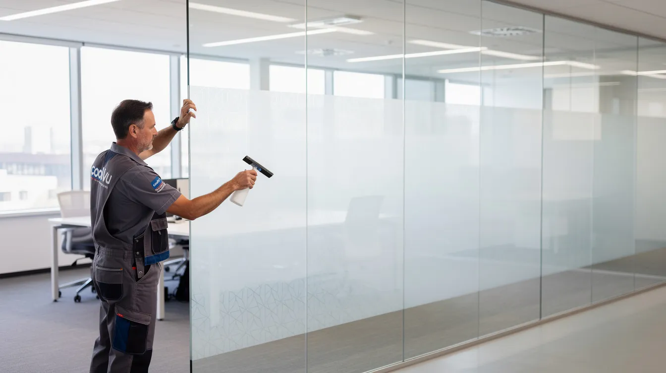 A CoolVu technician is skillfully applying decorative window film to a large glass partition in a sleek, modern commercial office space, showcasing the brand's commitment to enhancing customer experience and brand identity. This service exemplifies the scalable franchise model, allowing for efficient operations and consistent branding across multiple locations.