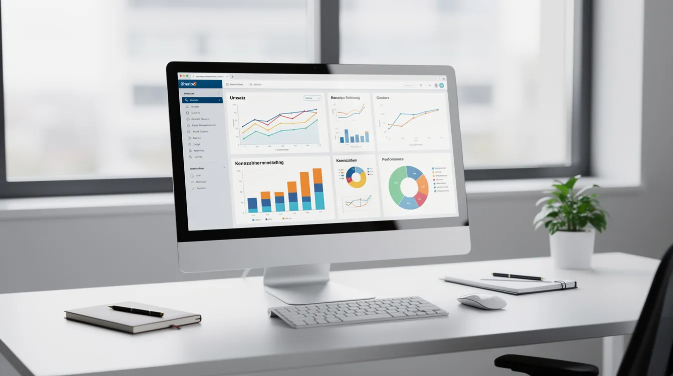 Ein moderner Computerbildschirm zeigt ein übersichtliches Business-Dashboard mit verschiedenen Diagrammen und Grafiken, das in einem aufgeräumten Arbeitsumfeld platziert ist. Diese Darstellung könnte für die Nutzung von Allianz Trade Online oder ähnliche Services nützlich sein.