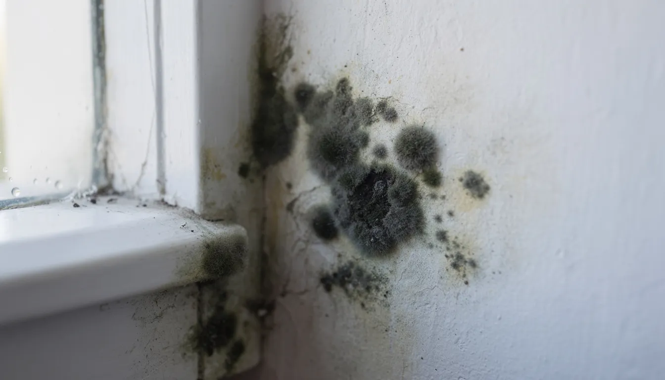 The image shows a close-up view of dark greenish-black mold patches growing on a white interior wall near a window frame, indicating potential indoor mold growth due to excess moisture. This household mold can pose health risks, including allergic reactions and respiratory conditions, particularly for vulnerable individuals.