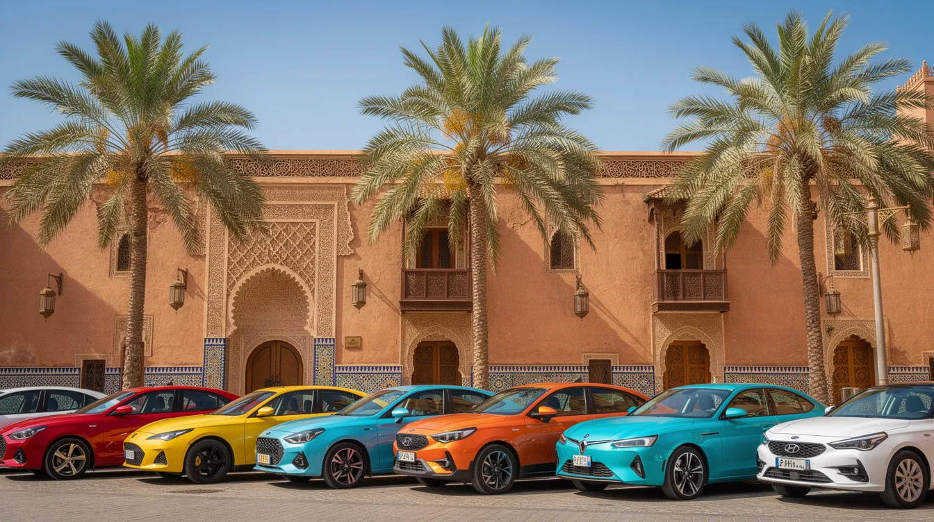 Row of colourful cars in front of a traditional Moroccan building with palm trees.