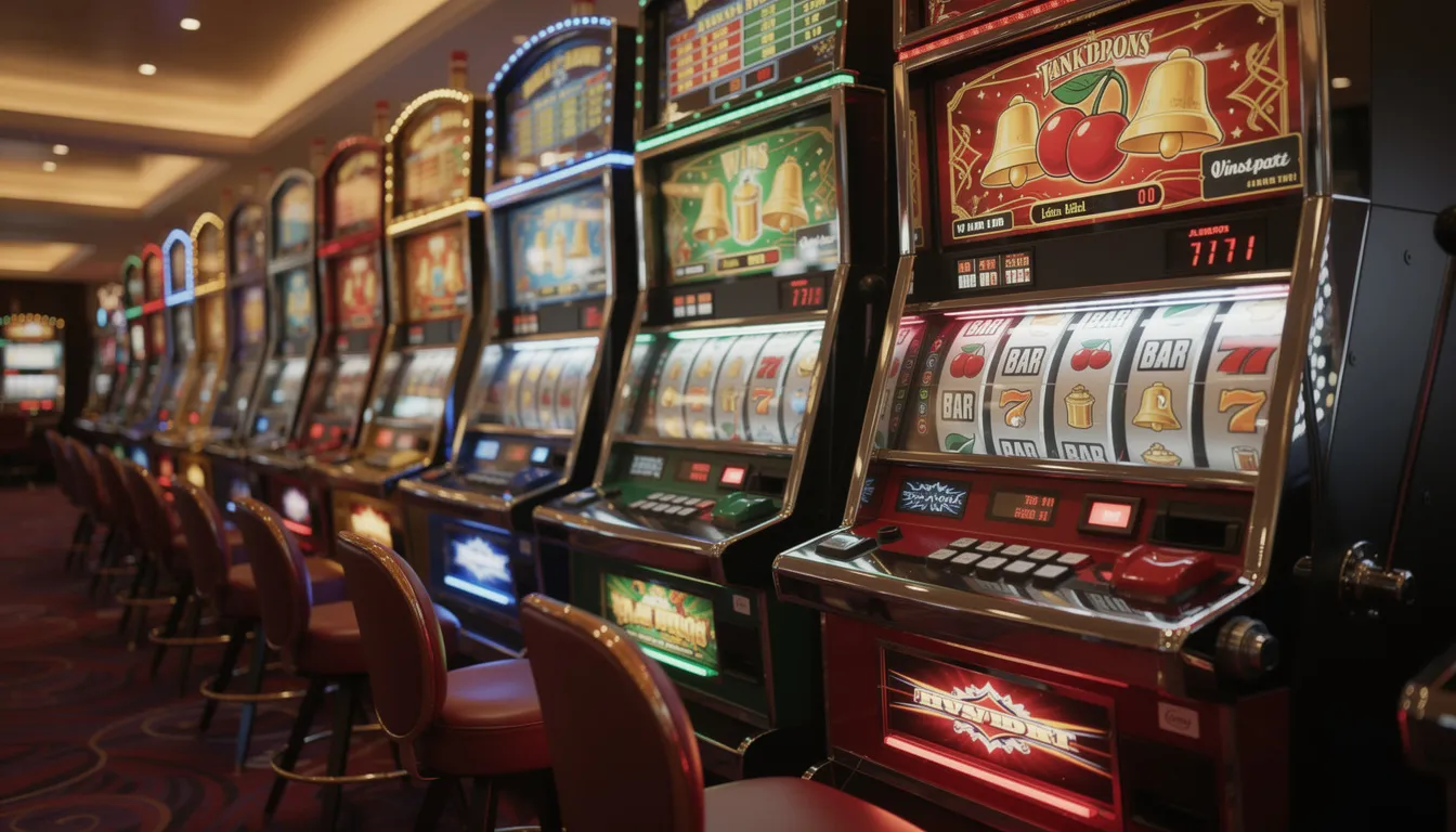 En rad av färgglada spelautomater står i ett online casino, med blinkande ljus och olika teman som fångar ögat. Spelautomaterna erbjuder ett stort utbud av spel där nya spelare kan börja spela hos spelklubben och ta del av bonusar som free spins.