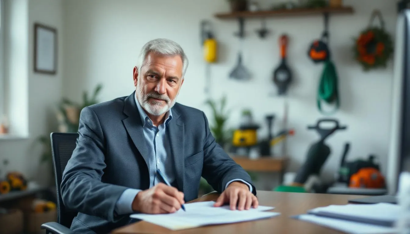 In the image, a lawn care business owner is finalizing a business loan for necessary landscaping equipment, with various tools like mowers and outdoor power equipment visible in the background. This scene highlights the importance of equipment financing for landscaping companies to expand their services and improve cash flow.
