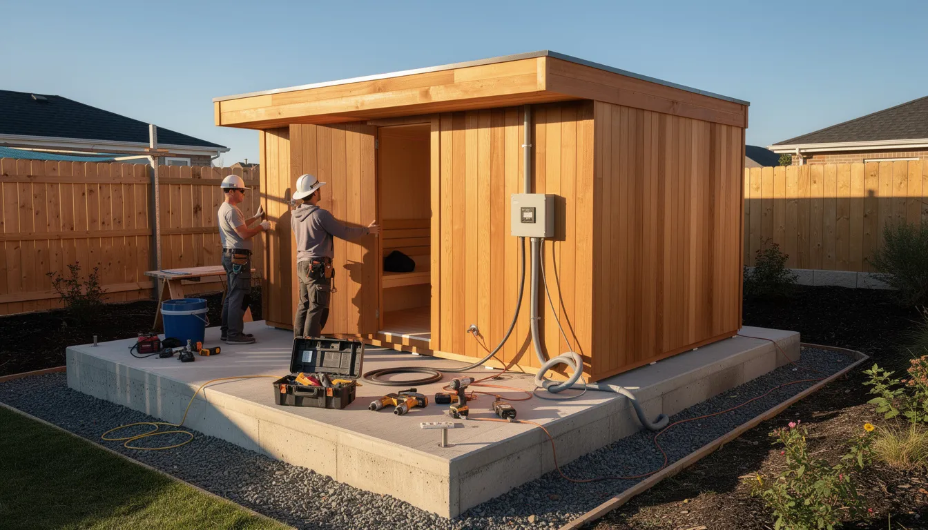 A team of professional contractors is seen installing an outdoor sauna on a sturdy concrete foundation, with visible electrical connections highlighting the installation process. This image emphasizes the careful setup required for outdoor saunas, which can be a significant investment for home wellness and relaxation.