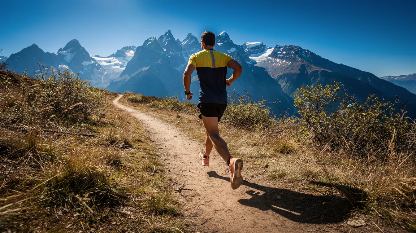 A person is running on a sunlit trail with majestic mountains in the background, showcasing a vibrant outdoor scene that promotes healthy skin and an active lifestyle. The bright sunlight highlights the importance of SPF protection in a skincare routine, especially for those with sensitive or acne-prone skin.