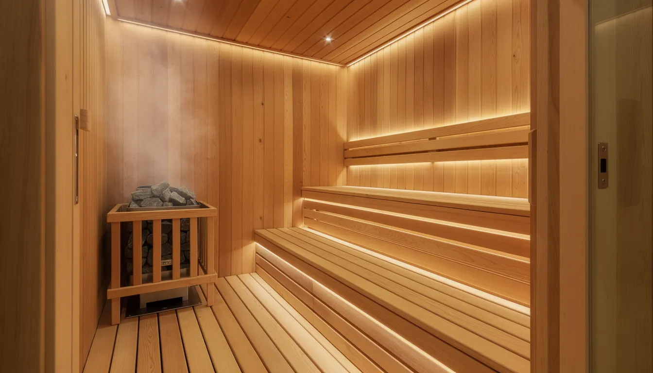 The image showcases a beautifully finished sauna interior featuring elegant wooden benches and custom lighting, highlighting superior construction techniques. This inviting sauna room reflects the quality and craftsmanship that can be achieved with both prefab sauna kits and custom built options.