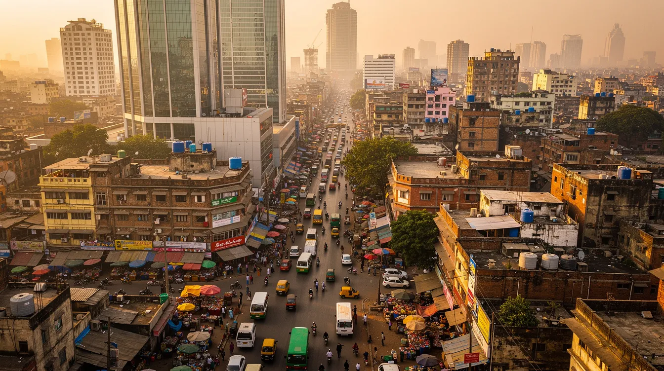 An aerial view of a vibrant Delhi cityscape showcases a blend of modern skyscrapers and traditional market streets, reflecting the diverse business opportunities available in the region. This bustling environment is ideal for aspiring entrepreneurs exploring profitable small business ideas and leveraging digital marketing to reach both domestic and international tourists.