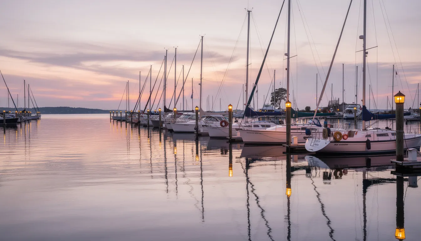 A tranquil marina at dusk features sailboats gently moored along the dock, with the sky illuminated in soft pink and orange hues. This picturesque scene captures the essence of coastal living, perfect for those seeking a serene escape along the Connecticut shoreline.