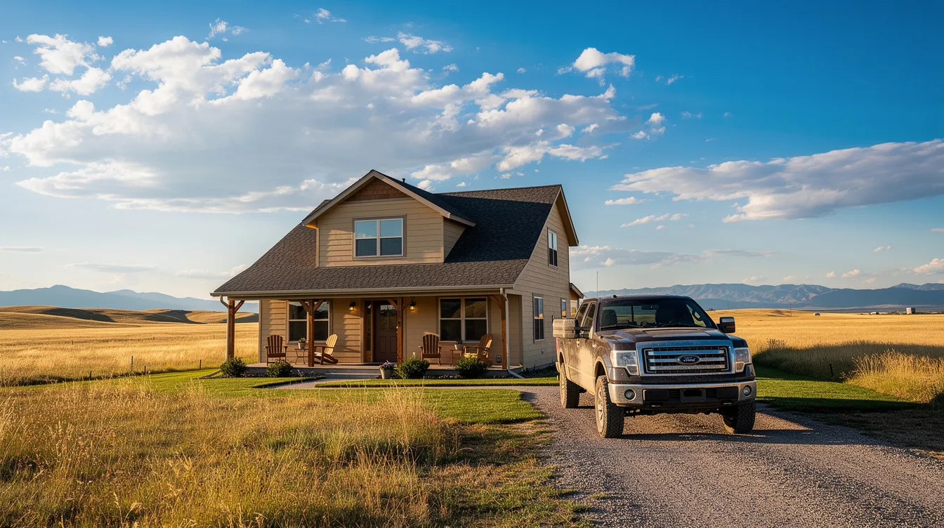 The image depicts a cozy family home with a pickup truck parked in the driveway, set against the expansive Wyoming prairie backdrop. This serene scene may evoke thoughts of financial stability, reflecting the importance of managing repayments and navigating the bankruptcy process, such as chapter 13 bankruptcy, for families facing financial difficulties.