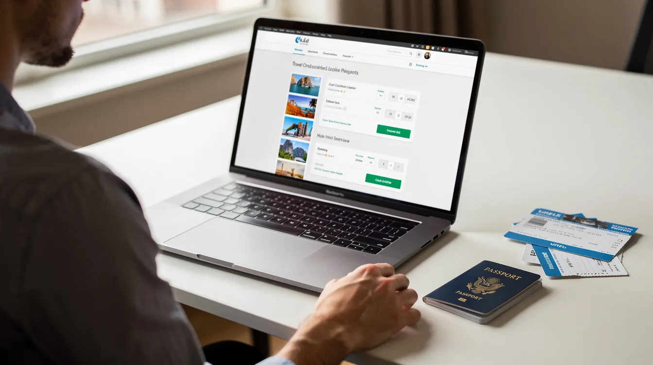 The image shows a person seated at a desk with an open laptop, alongside a passport and various travel documents, indicating preparations for a business trip to Ireland. This setup suggests the individual is likely applying for an Irish business visa to conduct business activities or attend meetings.